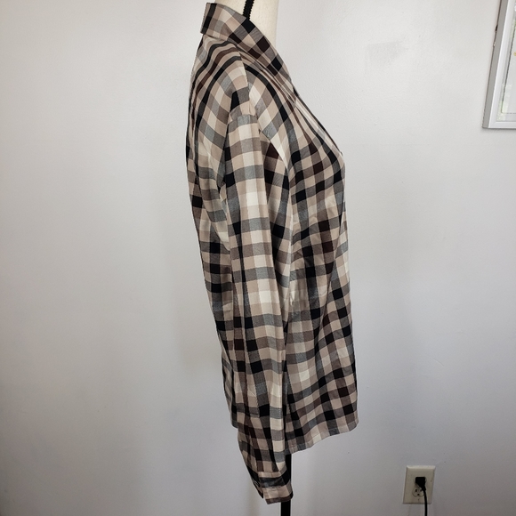Vintage 90's Designer Dana Buchman Brown & Cream Plaid Silk Button Down Top 6 - Picture 4 of 16